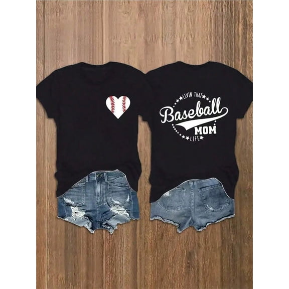 Women's Retro Baseball Mom Graphic T-Shirt Livin That Baseball Mom Life Heart Print Sports Fan Short Sleeve Tee