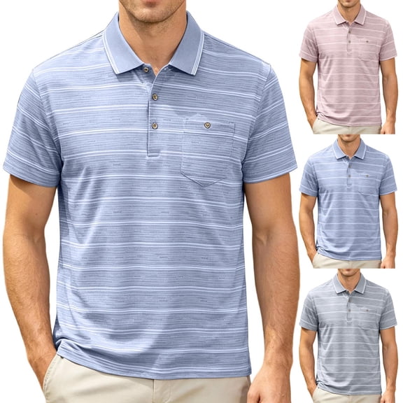 Mens Polo Shirts Summer Short Sleeve Striped Casual Golf Shirts Collared Button T Shirt with Pocket Size M-4XL Blue