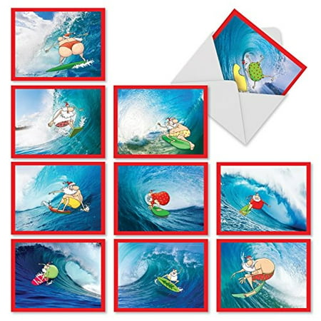 M10016XS SURFING SANTA' 10 Assorted Merry Christmas Note Cards Featuring Cartoon Depictions of Santa Surfing in Various Colorful Bathing Suits with Envelopes by The Best Card