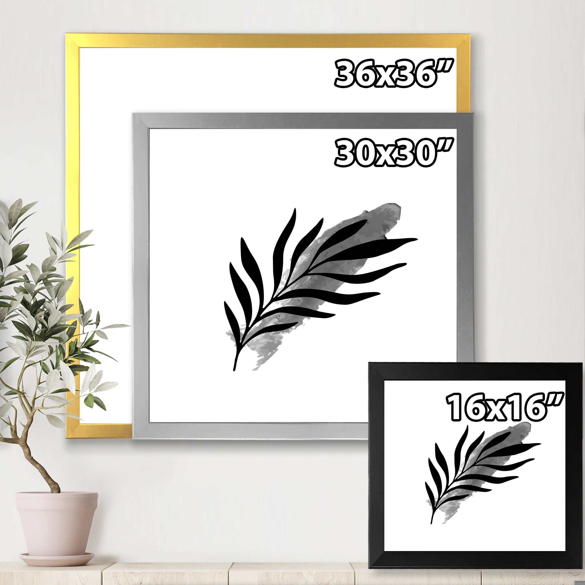Designart 'Abstract Black Tropical Leaf I' Modern Framed Art Print