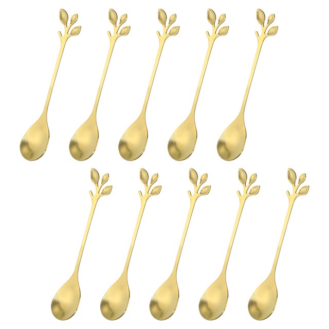 Unique Bargains 10Pack 4.8' Stainless Steel Leaf Coffee Spoon Tableware Dessert Spoons, Gold