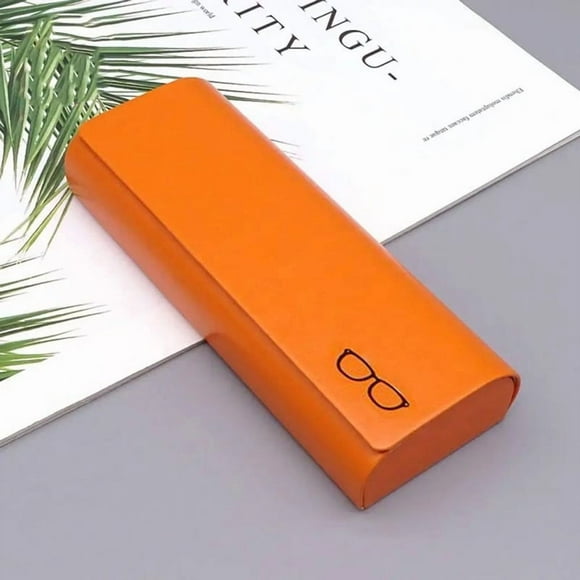 Gafas de sol de cuero duradero, estuche de gafas de presión, estuche de gafas para miopía, resistente, compacto, portátil, cuero auténtico, dise?o plegable, marco metálico, para oficina