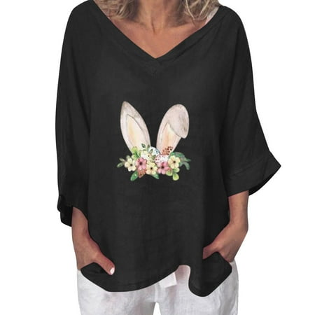 

Womens Summer Tops Women s Casual Regular Print V-neck Cotton Hemp Seven-point Sleeve 3/4 Sleeve T-shirt Tops Short Sleeve Maternity Blouses Black XXL