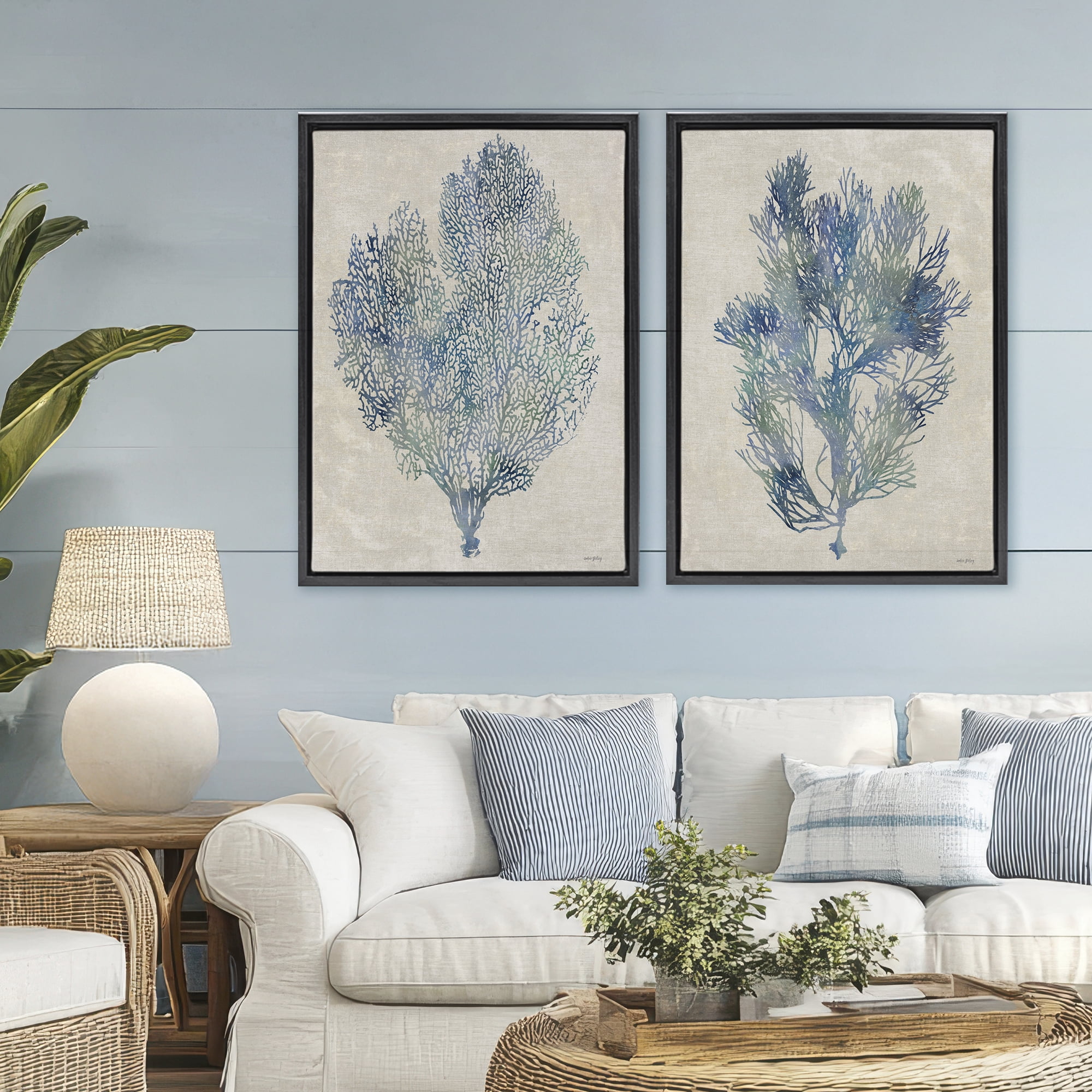 Stupell Industries Fan Coral Study in Blues 2 Piece Black Framed Floater Canvas Set, design by Amber Sterling