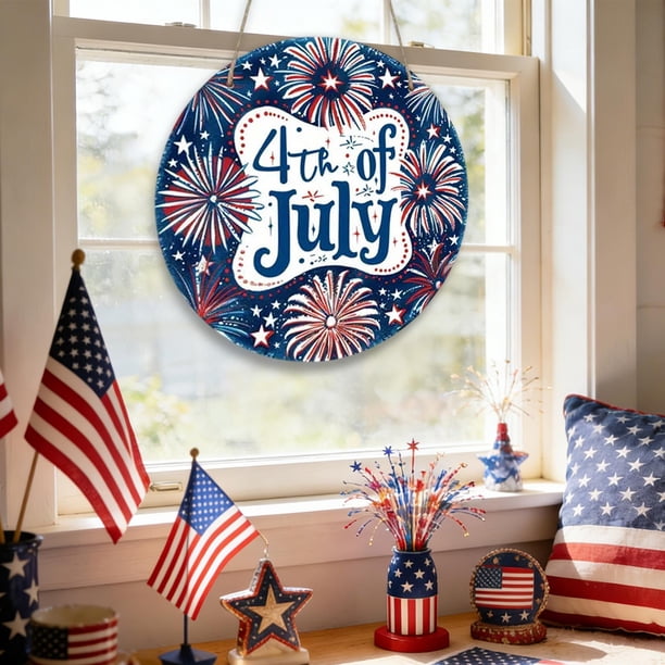 Independence Day America Wooden Hanging Decoration Patriotic Round Wall Decor For Home And Porch Festival Celebration Hanging Board Decoration