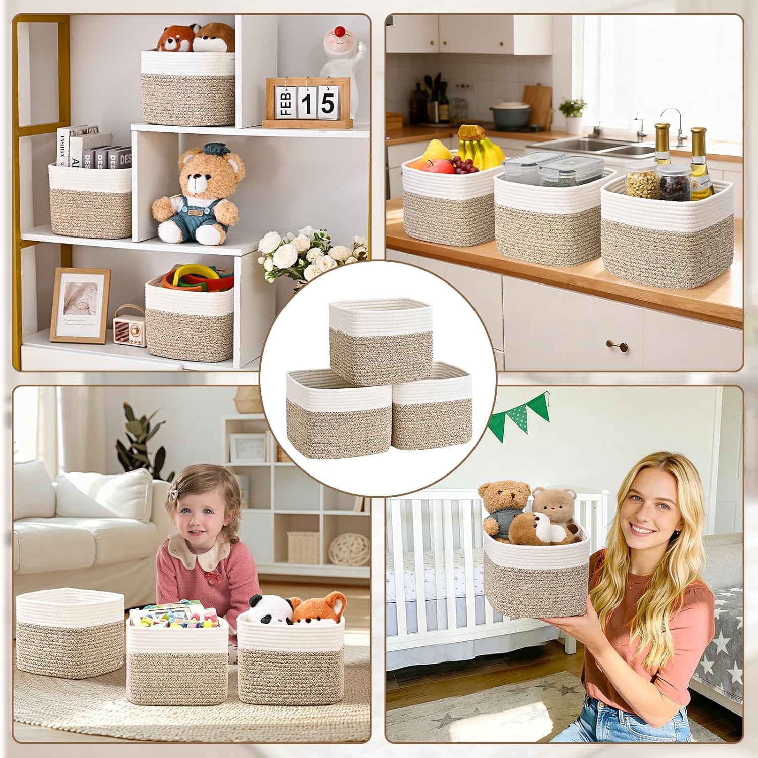 Natubeau 3 Pack Woven Storage Basket, 9"x9"x7" Cotton Rope Woven Baskets for Organizing, Cube Storage Bins for Shelves, White & Jute