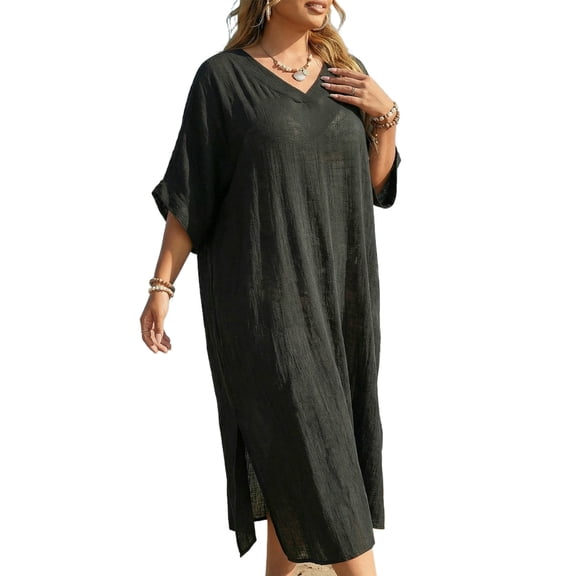 Lovskoo Plus Size Women Sheer V Neck Loose Fit Dress Cover Up Lightweight Casual Beach Tunic Swimsuit Bikini Shawl Summer Outdoor