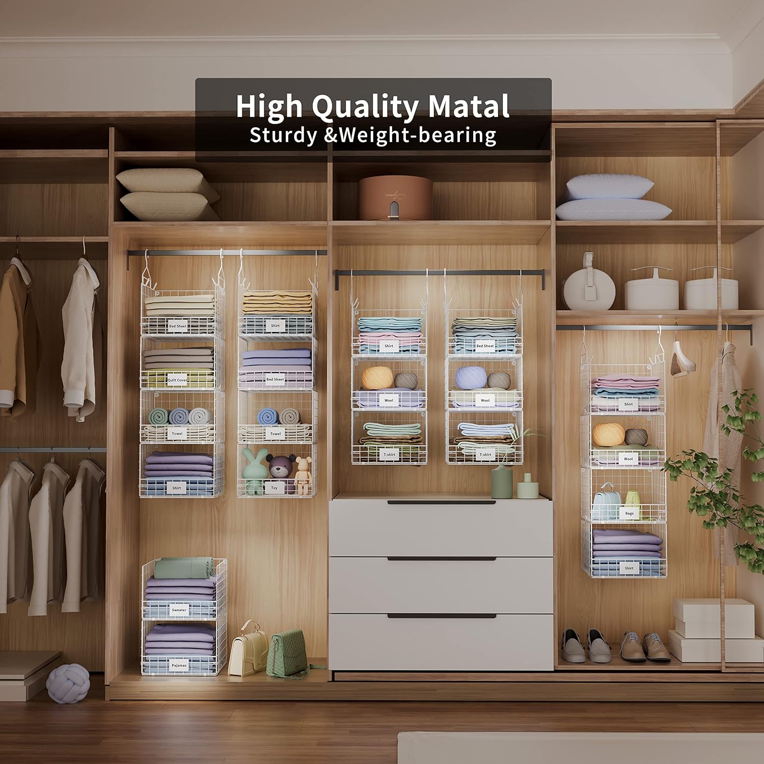 4-Tier Hanging Closet Shelves - Wall Mount Or Rod Mount Wire Baskets With Hooks, White