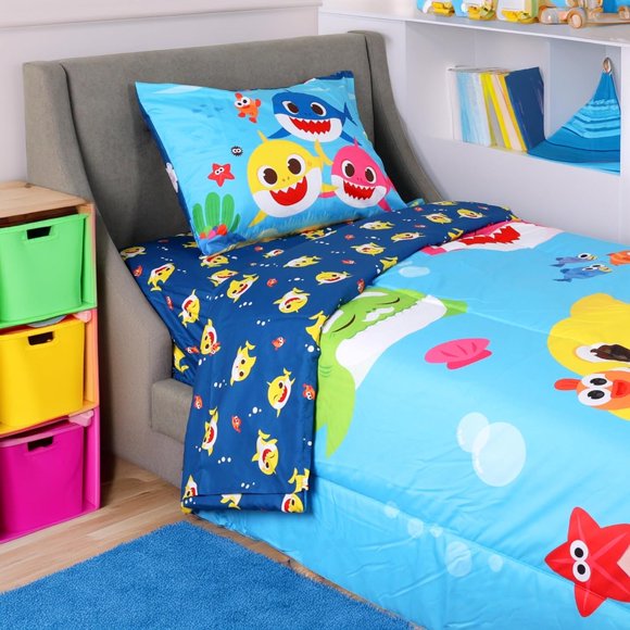 Baby Shark Ensemble de Literie Simple – Ensemble 4 Pcs pour Enfants avec Couette, Drap-Housse, Drap Plat et Taie d'Oreiller