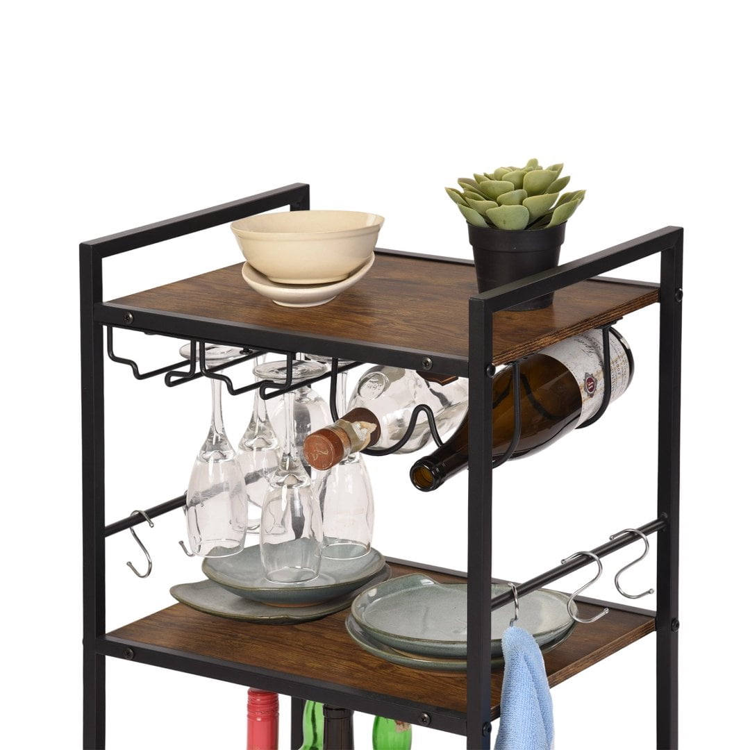 Gewnee Storage Cart with 3-Tier Storage Shelves&Cup Holders&Hooks,Suitable for kitchens and Living Room.Brown