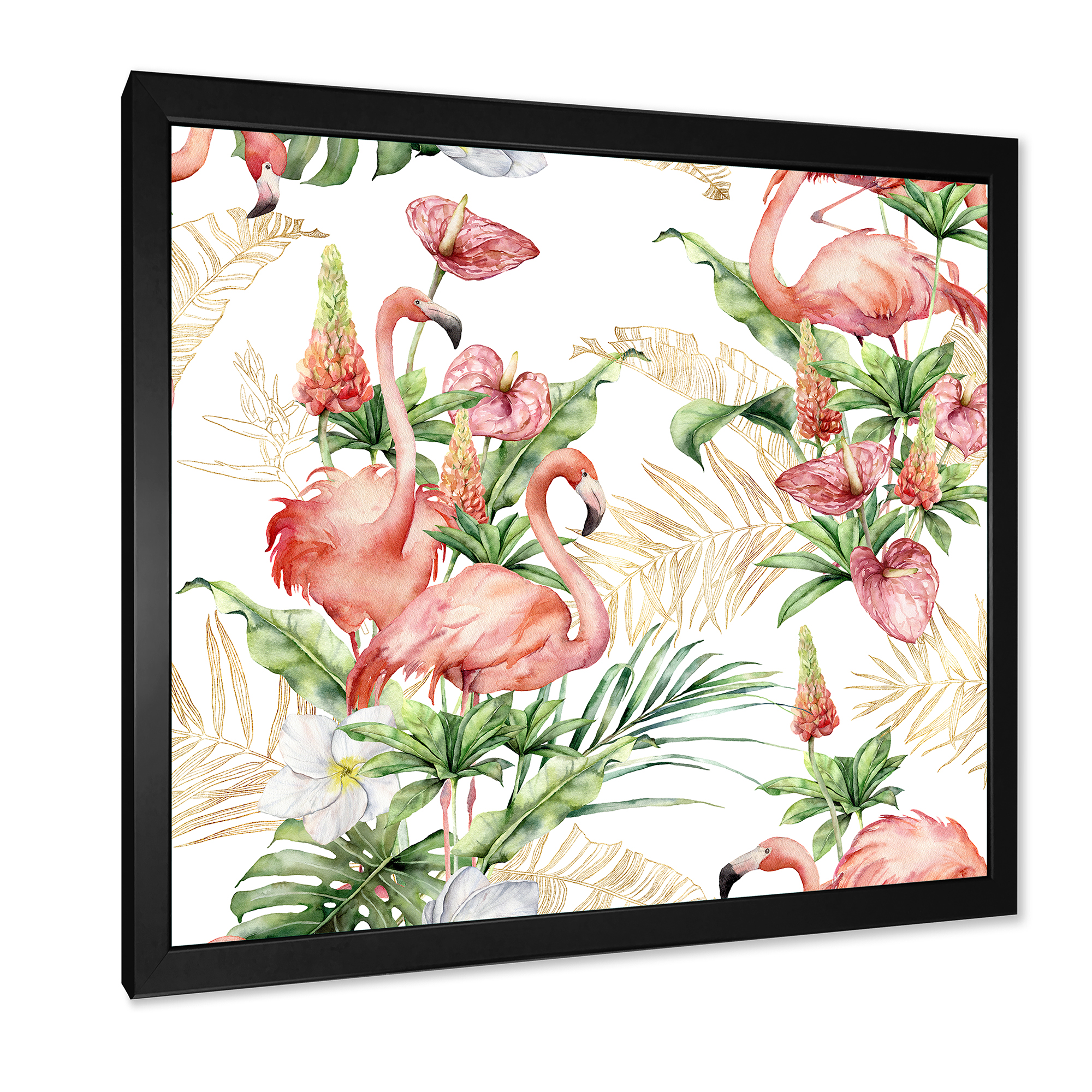 Designart 'Tropical Flowers & Gold Leaves With Pink Flamingos' Traditional Framed Art Print
