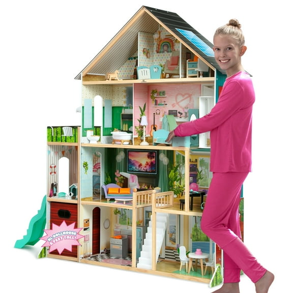 Delta Children Deluxe Maui Dollhouse with 50 Accessories - Large Wooden 4-Story Dollhouse with 12 Rooms - Working Elevator, Slide, Lights/Sounds - Fits 12-inch Dolls - Pretend Play Gift for Ages 3 