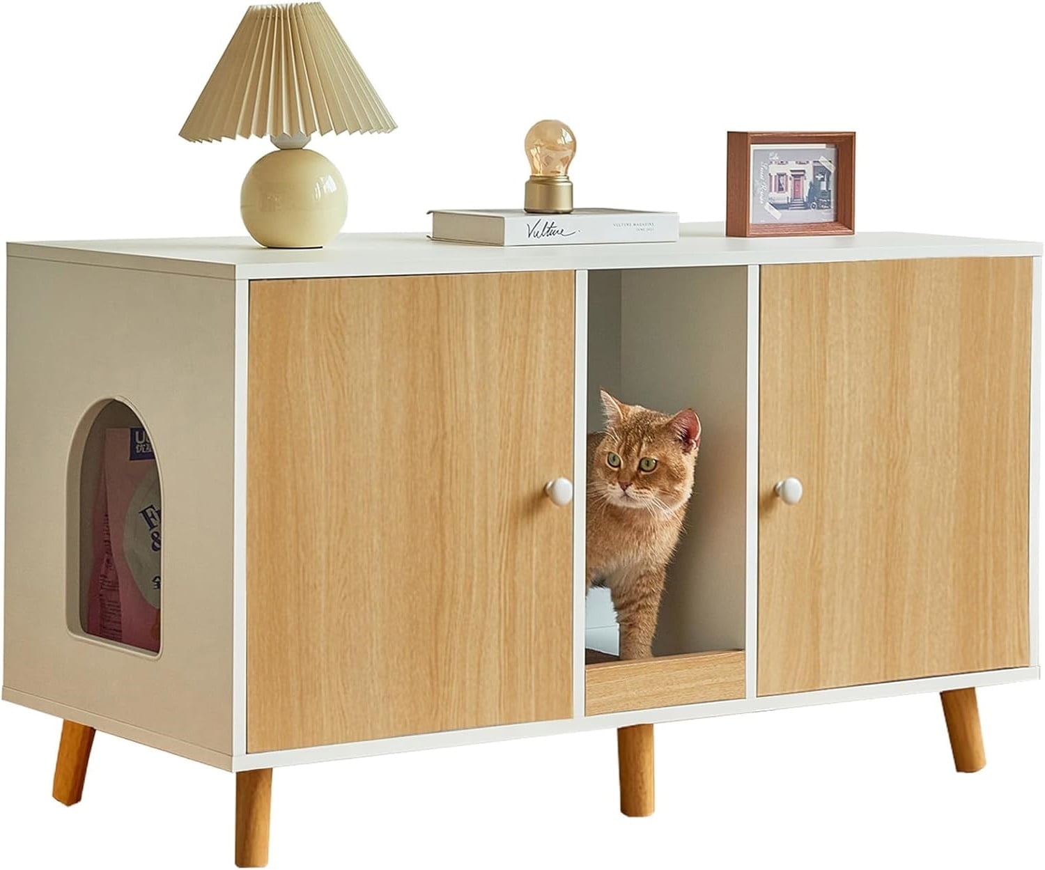 JanflyHome Litter Box Enclosure for 2 Cats, Hidden Litter Box with Double Room and Scratching Board, Cat House Kitty Washroom, Natural Wood