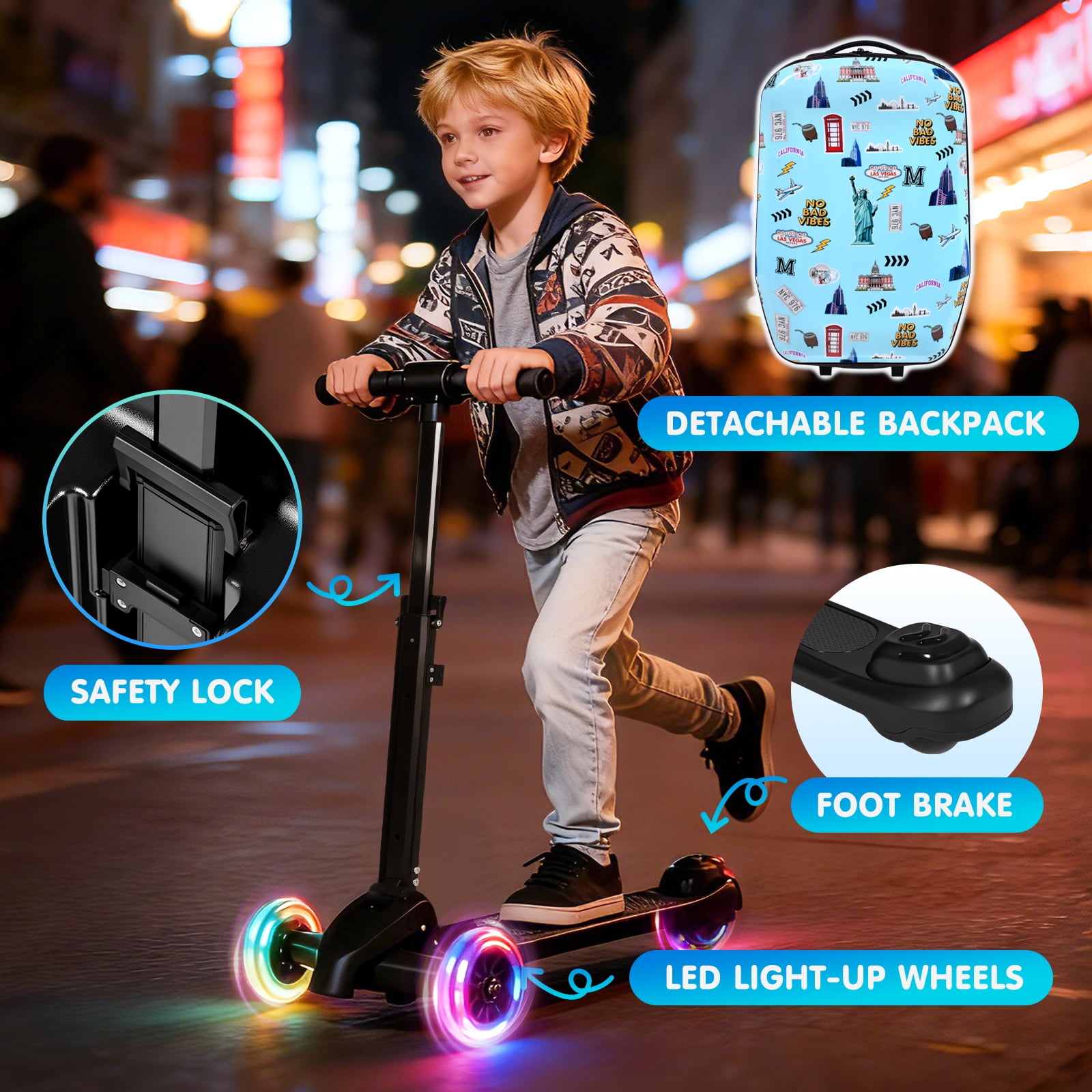 Advwin Kids Scooter Luggage with LED Wheels, 4-in-1 Detachable Foldable Ride-On Suitcase, Travel Landmark Design Hardside Carry-On Travel Luggage, Convertible Backpack, Blue