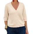 thumbnail image 3 of Half Sleeve Solid Color V Neck Women Casual Button Down Cardigan Knit Tops, 3 of 7
