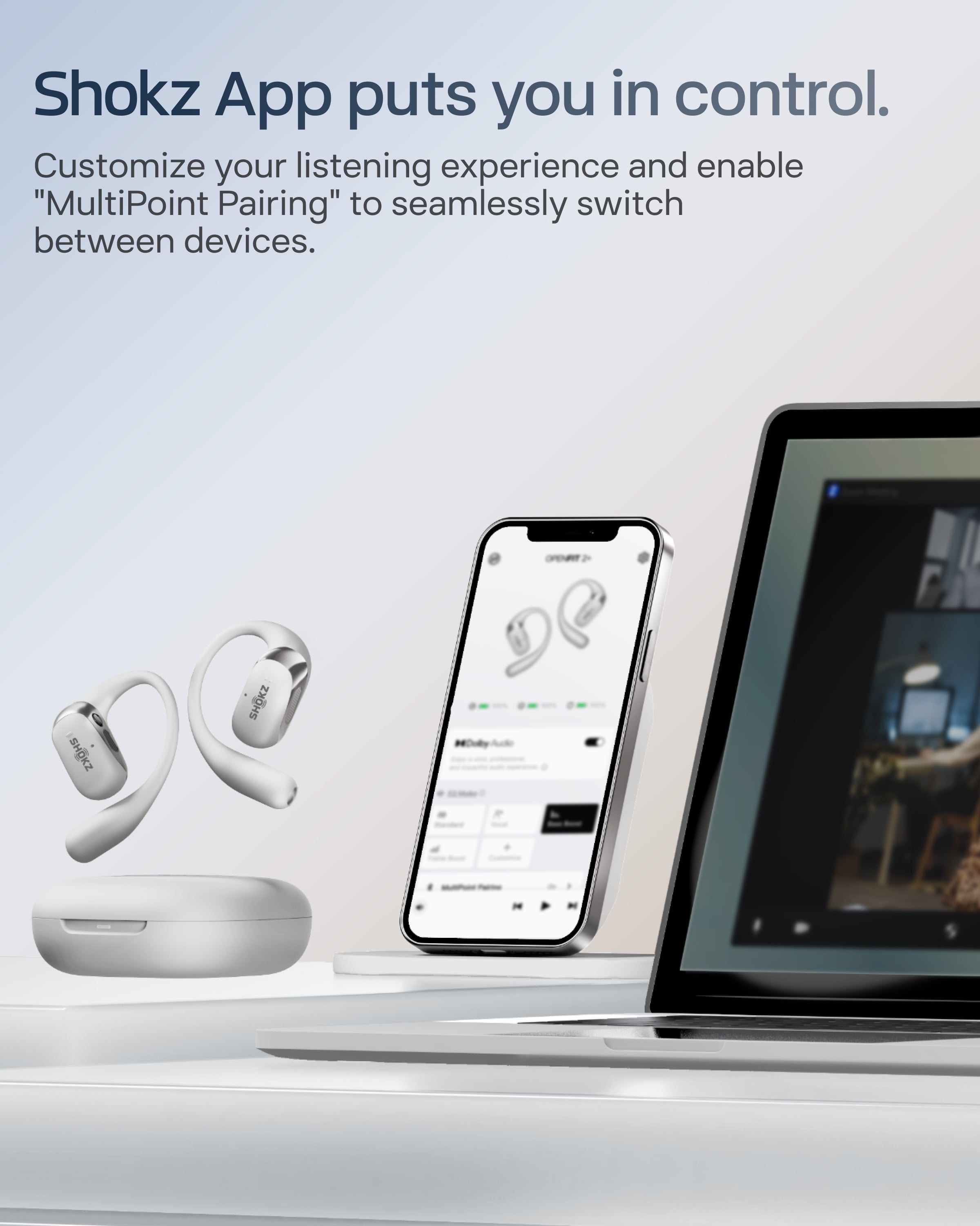 SHOKZ New OpenFit 2+ Open-Ear Headphones, Dolby Audio Enabled, Comfortable Earbuds with Soft Ear Hooks, 48H Playtime, IP55 Water-Resistant, USB-C Fast Charging, Wireless Charging, Gray