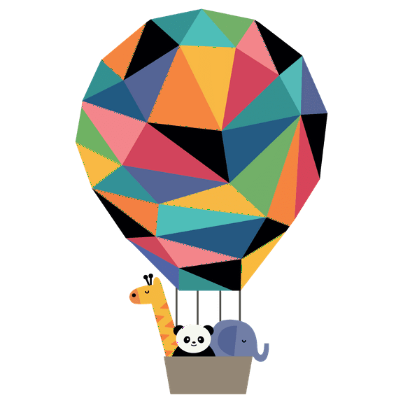 Prismatic and Colorful Hot Air Balloon with Three Zoo Animal Creatures Artwork Design for Nursery Vinyl Wall Decal - Flying Vehicle in the Clouds and Sky with Panda, Giraffe and Elephant for Kid's Bed