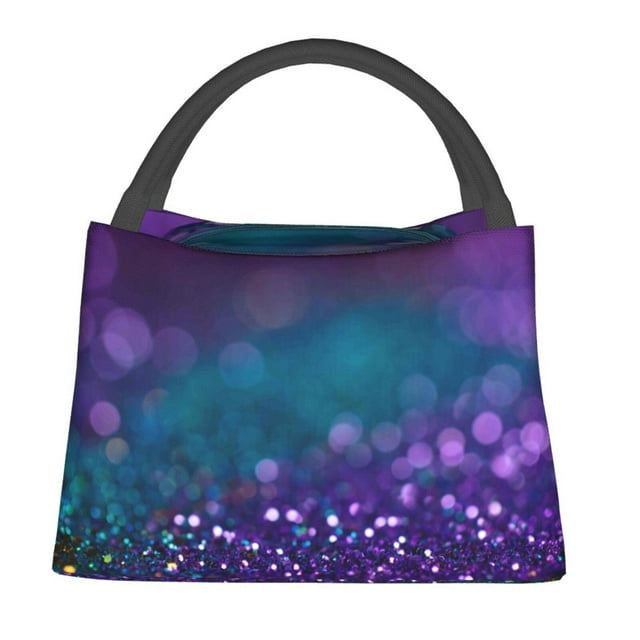 Easygdp Purple and Green Glitter Bolsa de Almuerzo Insulada Reutilizable, Bolsa de Mano y Bandolera para Oficina, Trabajo, Viajes