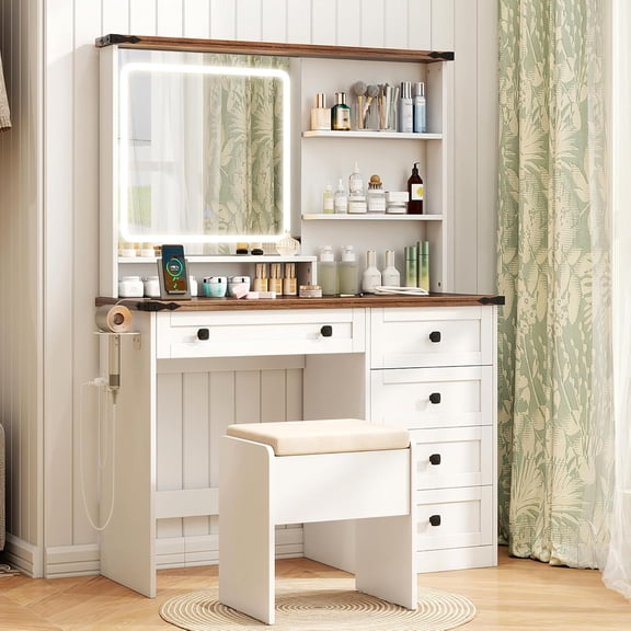 CHARMAID Vanity Desk with Mirror and Lights, Farmhouse Makeup Vanity Desk with 5 Drawers, 3 Shelves, Storage Chair, Charging Station, 42" White Vanity Dressing Table with Stool for Bedroom