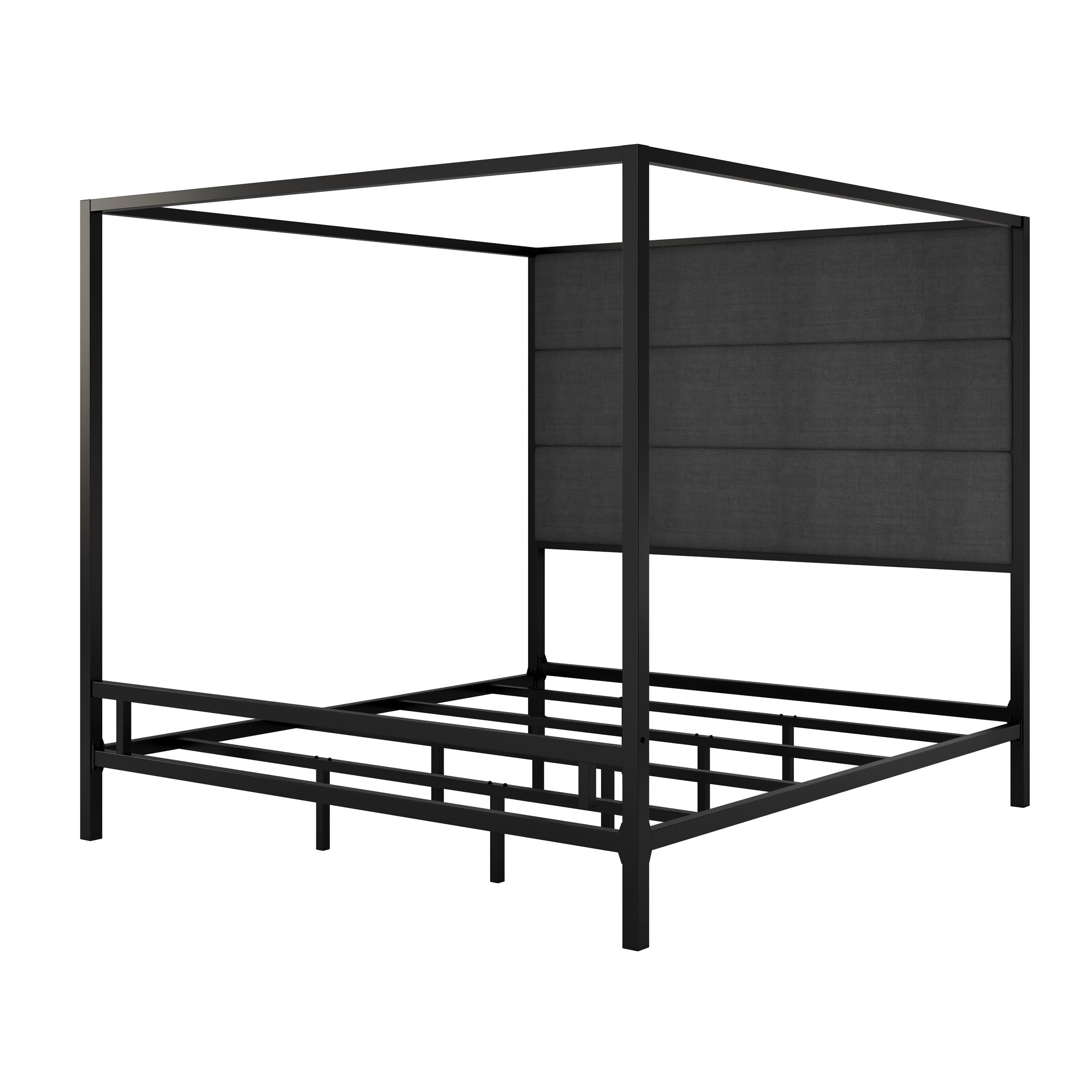 Euroco Metal King Size Canopy Bed with Linen Fabric Upholstered Headboard, 4-Poster Platform Bed, No Box Spring Needed, Black