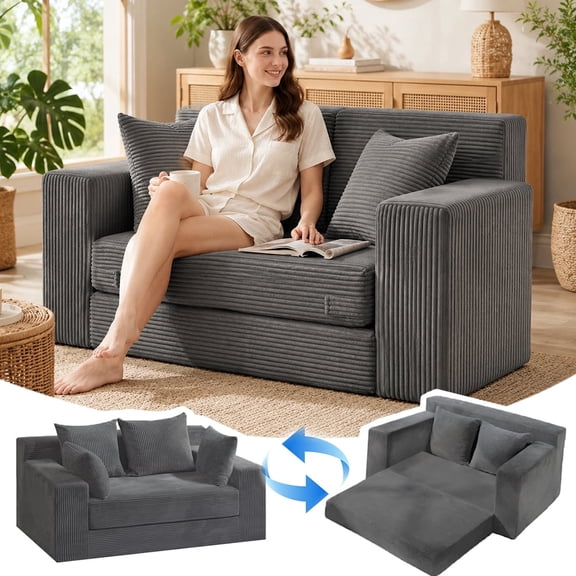 3-in-1 Convertible Sofa: 54 inch Boneless Loveseat Sleeper with 4 Pillows for Bedroom, No Assembly, Gray