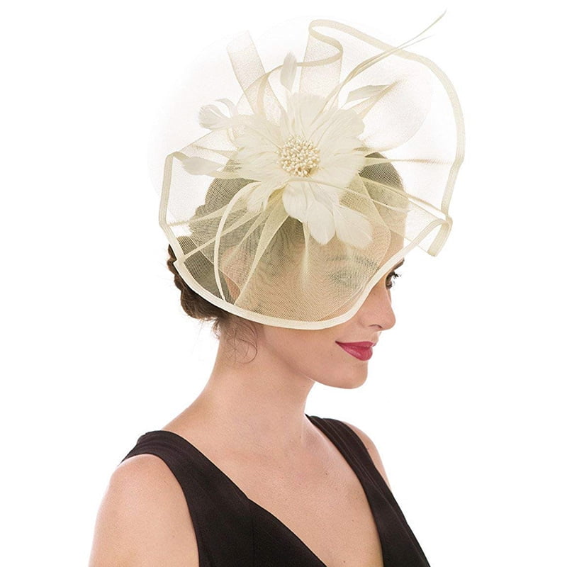 13 colors Women Flower Feather Large Mesh Veil Fascinator Hat Clip Wedding Party 