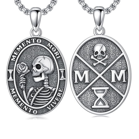 TRISHULA 925 Silver Memento Mori Necklace, Skeleton Rose Skull Hourglass Pendant, 20+2 Inch Chain