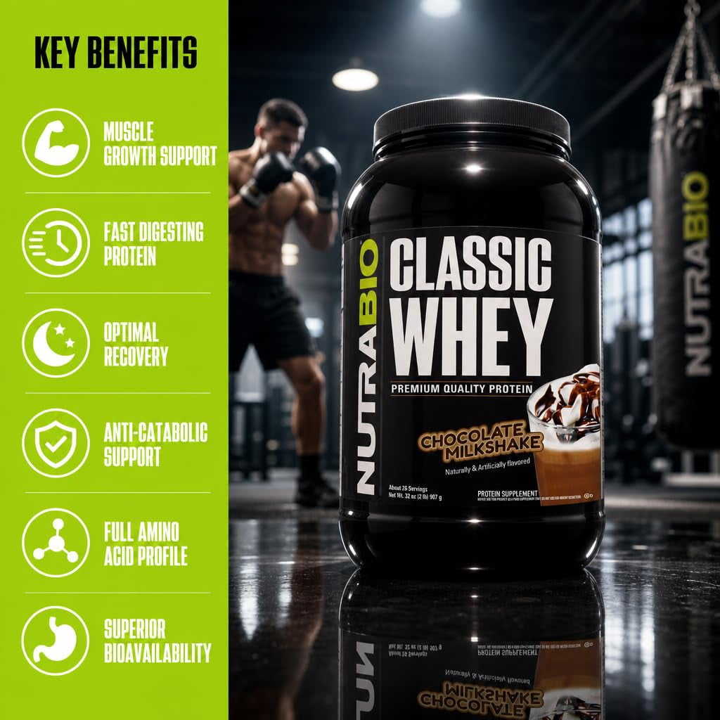 NutraBio Classic Whey Protein Powder- 25G of Protein Per Scoop - No Fillers, Artificial Colors, Preservatives - Chocolate Milkshake, 2 Pounds