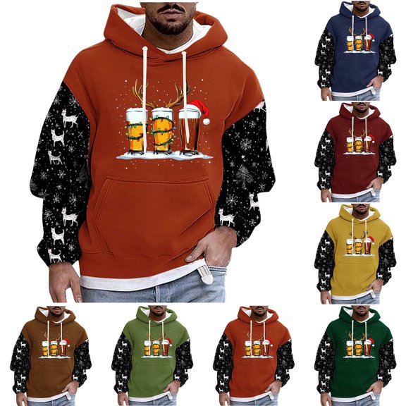 KeShDi Christmas Long Sleeve Shirts for Men Casual Fashion Hooded Sweatshirts Round Neck Print Pullover Long Sleeve Sweatshirt Yellow M