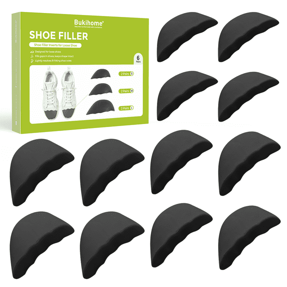 Bukihome 6 Pairs Shoe Filler Inserts for Too Big Shoes Anti Slip Soft Sponge Unisex,Black