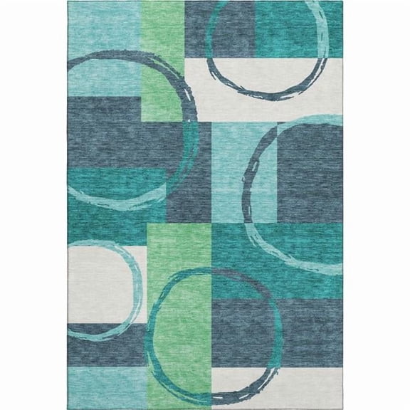 HomeRoots 675092 5 x 8 ft. Teal Ivory & Green Geometric Washable Machine Made Rectangle Area Rug with UV Protection