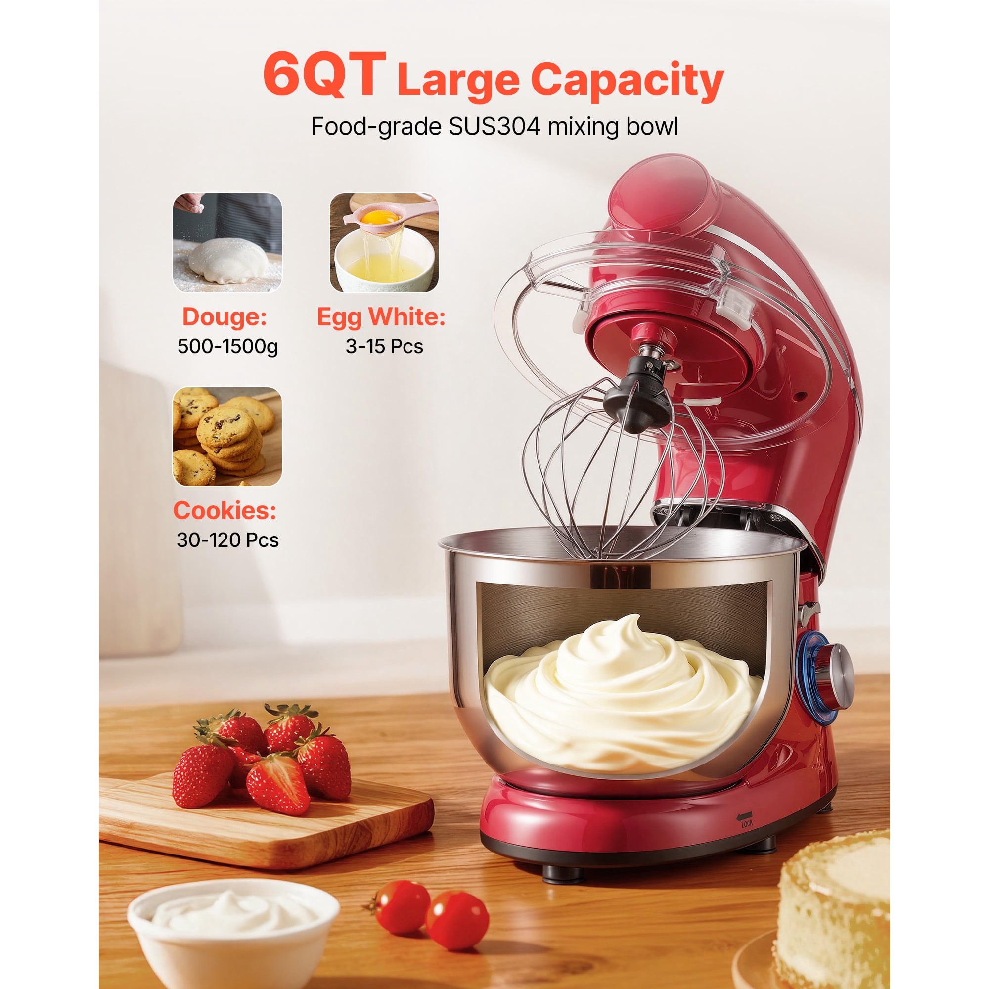 KFFKFF 6 QT Electric Kitchen Mixer with 660W Motor, Tilt-Head Design, 6+P Speeds, Includes Stainless Steel Bowl, Blender Cup, Dough Hook, Whisk, and Beater for Baking and Mixing, Red