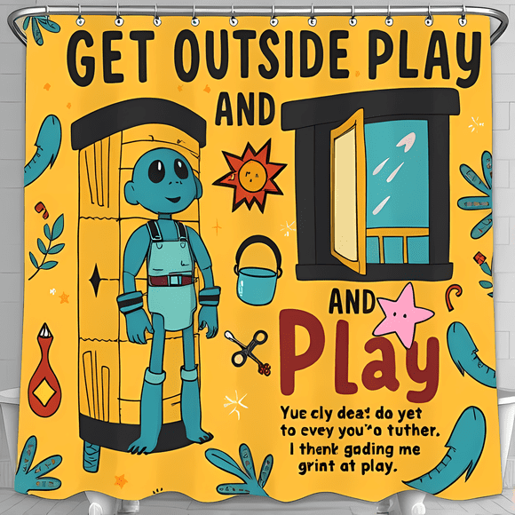 Vibrant Yellow Shower Curtain with Whimsical Robot & Outhouse Design - Perfect for Outdoor Play Enthusiasts