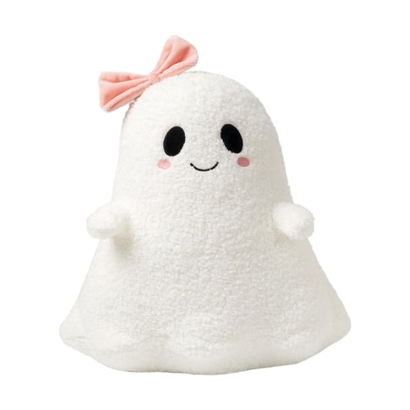 Halloween Ghost Plush Toy, Soft Ghost Stuffed Throw Pillow with Pink Bow for Spooky Home Party Decoration and Holiday Gift Giving, 13in