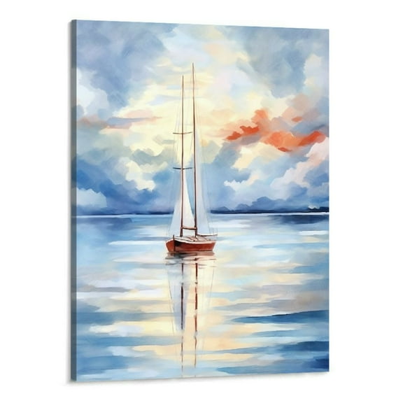 Creowell Adecuado Ocean Wall Art Sailboat Nautical Wall Decor for Living Room Bedroom Bathroom Blue Boat Coastal Paintings Seascape Beach Abstract Artwork Contemporary Decorations 16x 20 Inches