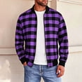 thumbnail image 3 of Men's Casual Buffalo Plaid Bomber Jacket Full Zip Windproof Lightweight Varsity Flight Coat with Pockets for Fall Winter Daily Wear, Purple, M, 3 of 9