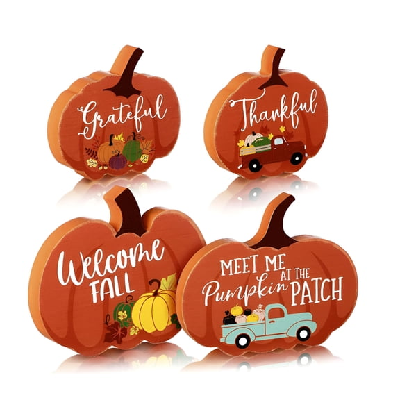 LAMIRO 4 Pcs Fall Decor for Home Pumpkin Tiered Tray Decor Fall Pumpkin Table Sign Thanksgiving Tiered Tray Welcome Fall Tabletop Sign Farmhouse Tiered Tray Decor Mini Wood Sign,Autumn