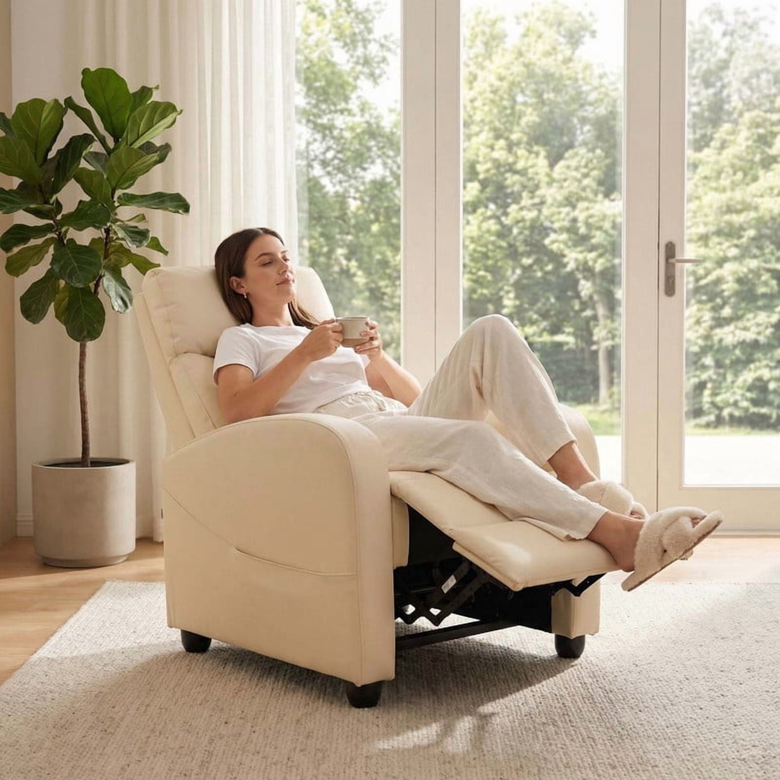 Gianna Recliner Chair No Massage, Home Theater Seating with Lumbar Support, Adjustable Push Back Overstuffed High-Density Sponge Reclining for Living Room, Beige