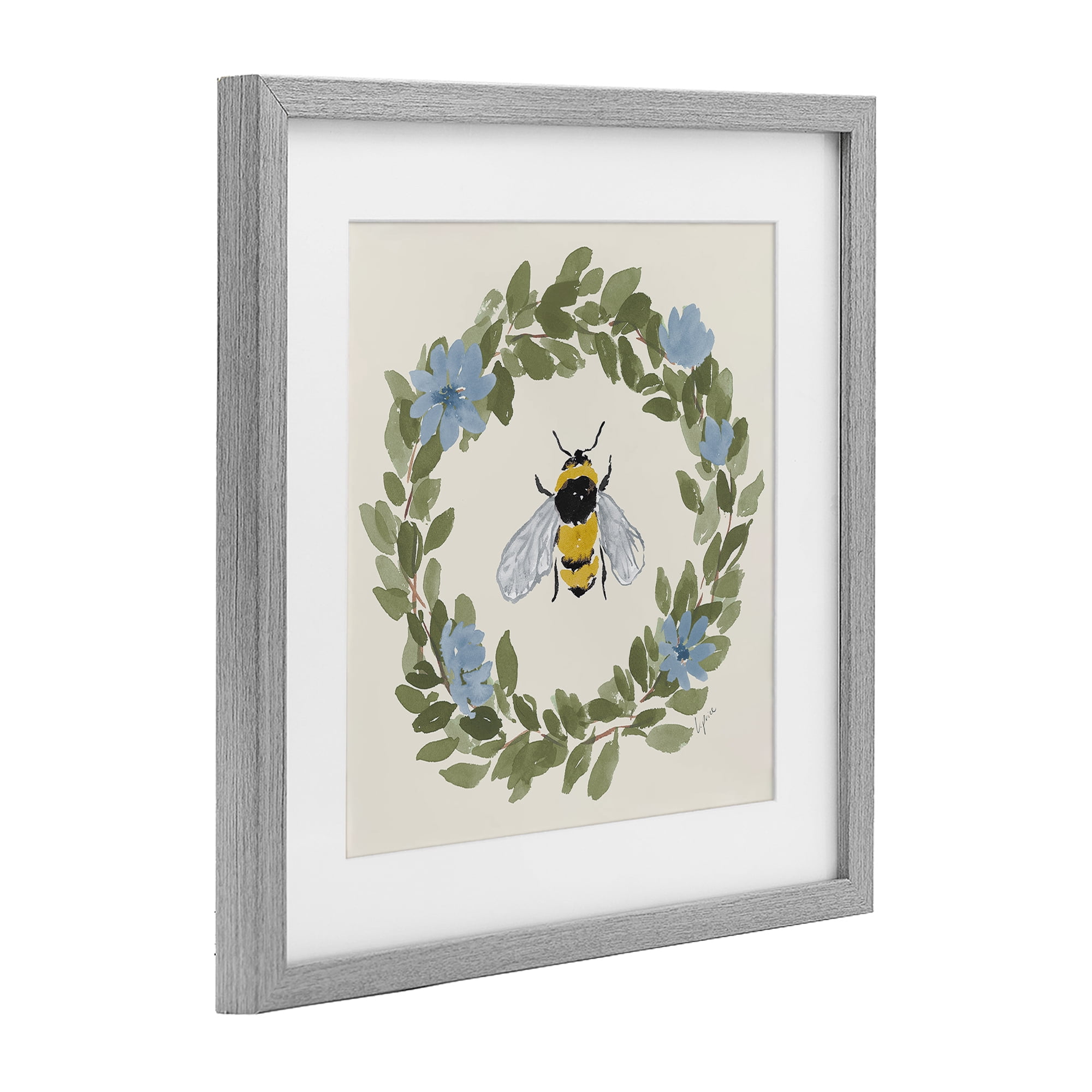 Stupell Industries Floral Wreath Bee Celebration Gray Framed Print Under Glass, design by Lucille Price