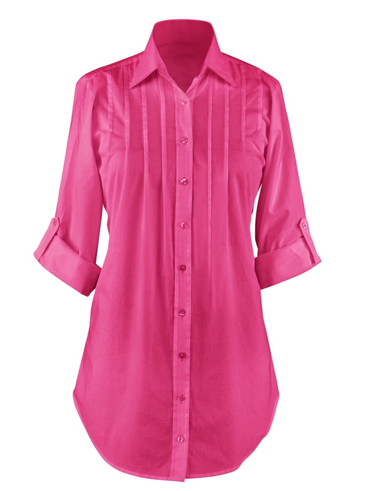 Collections Etc. Women's Collared ButtonDown Shirt RollSleeve