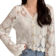 Women Flare Long Sleeve Crochet Cardigan Open Front Hollow Floral Sweater Coat