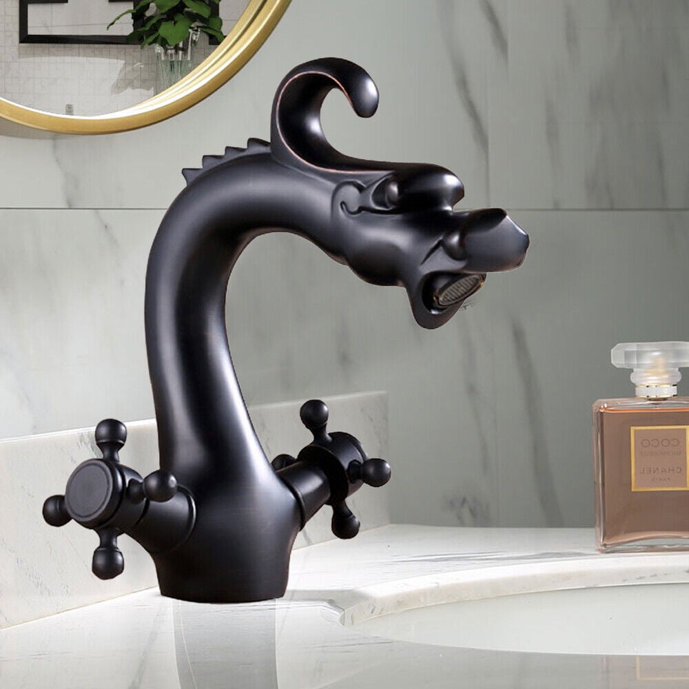 Black Bathroom Faucet for Sink with 2 Handles, 1-Hole Dragon-Shape Hot and Cold Water Taps Mixer Tap