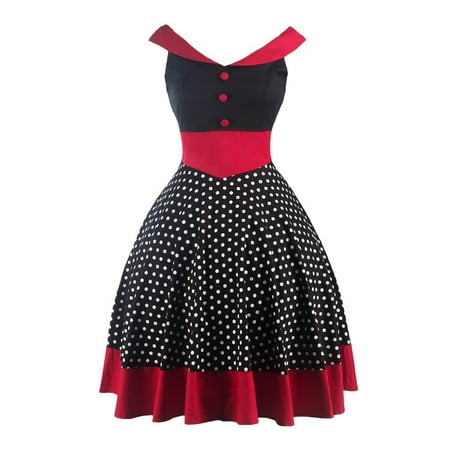 Women Vintage Dress 50S Swing Pinup Party Ball Sleeveless Summer Red Polka Dot Dresses