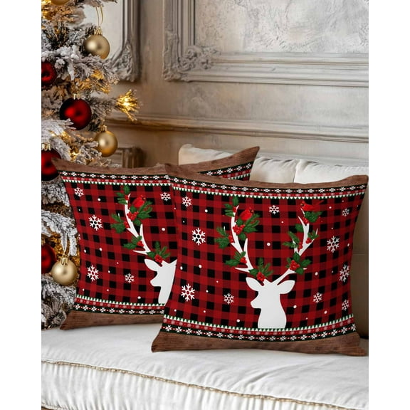 Christmas Decorative Throw Pillow Covers 20x20 Inch Set of 2 Red Plaid Pillow Cases for Couch, Reindeer Cardinals Snowflake Wood Grain Cushion Case for Living Room Bedroom Bed Car Chair