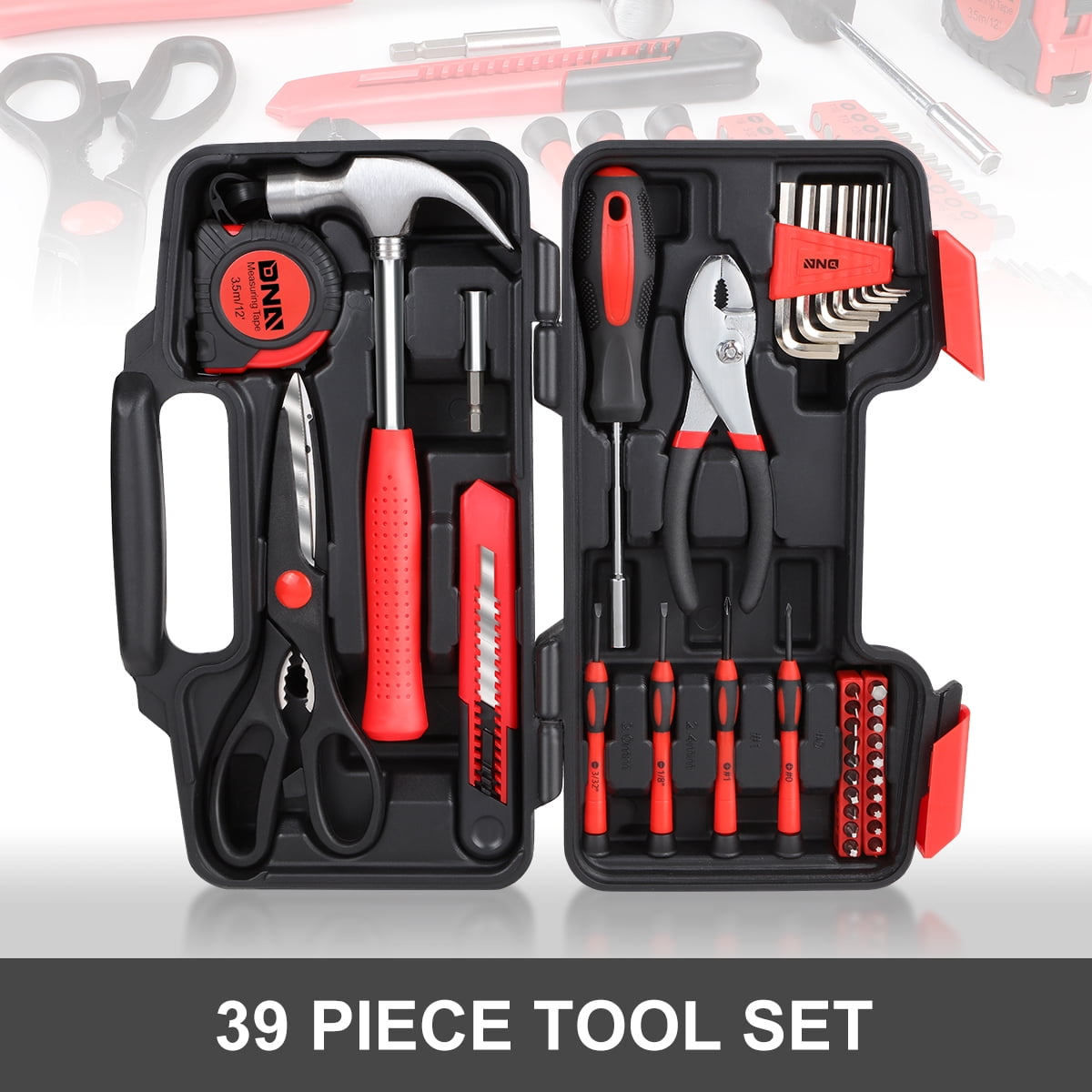 DNA Motoring 39-Piece Portable Tool Kit with Screwdriver, Pliers, Hammer, Hex Set - Red
