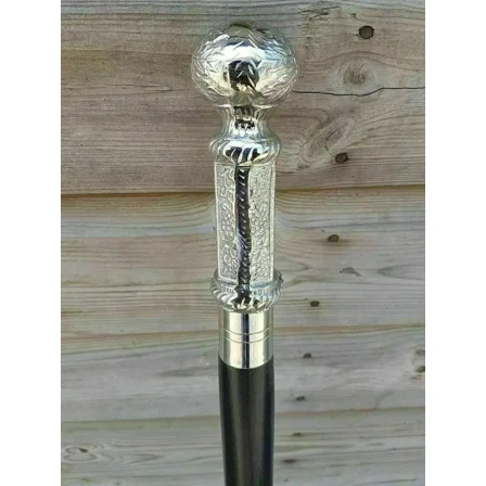 Handmade Wooden Walking Stick with Brass Embossed Pillar Handle – Nickel Finish Cane for Men – Vintage-Style Elegant Walking Cane