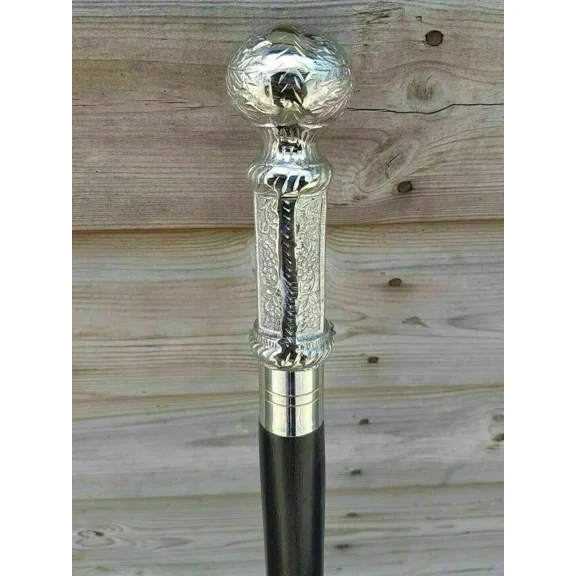 Handmade Wooden Walking Stick with Brass Embossed Pillar Handle – Nickel Finish Cane for Men – Vintage-Style Elegant Walking Cane