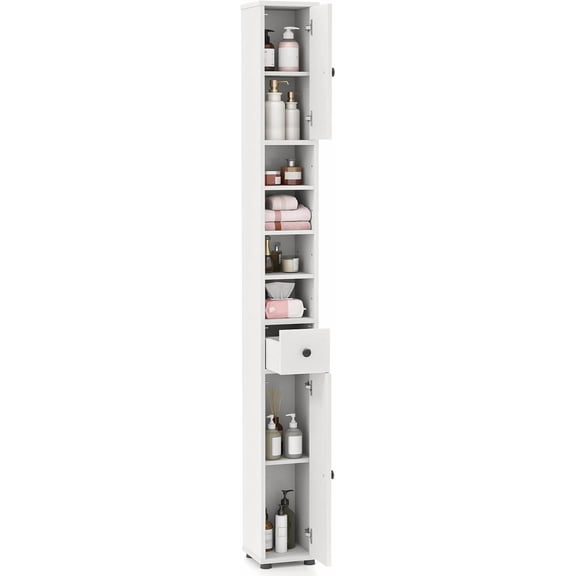 71" Tall Narrow Storage Cabinet, Slim Bathroom Cabinet with 1 Drawer, 2 Doors, 5 Adjustable Shelves and Anti-Tipping Device