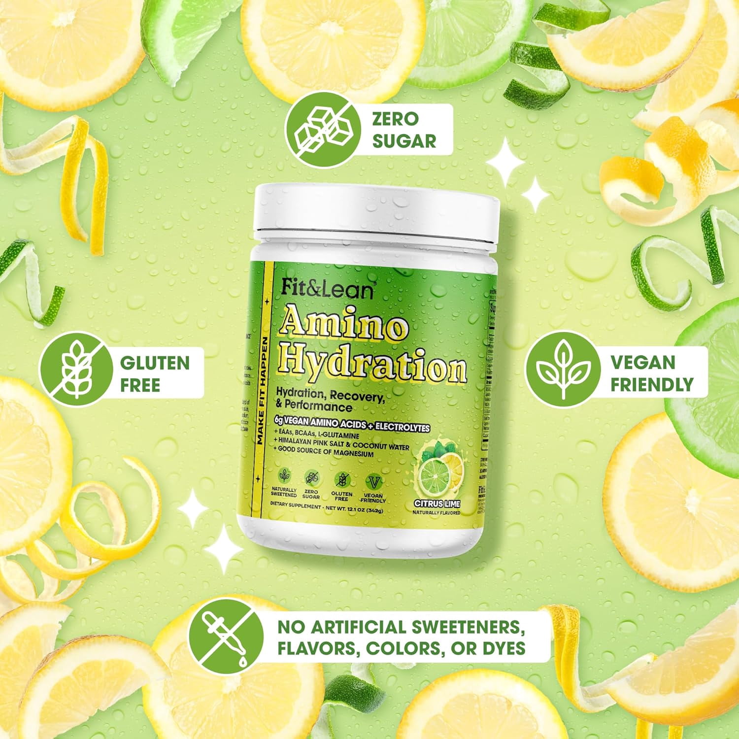 Fit&Lean Amino Hydration, Glutamine EAA BCAA Electrolytes, Citrus Lime, 30 Servings