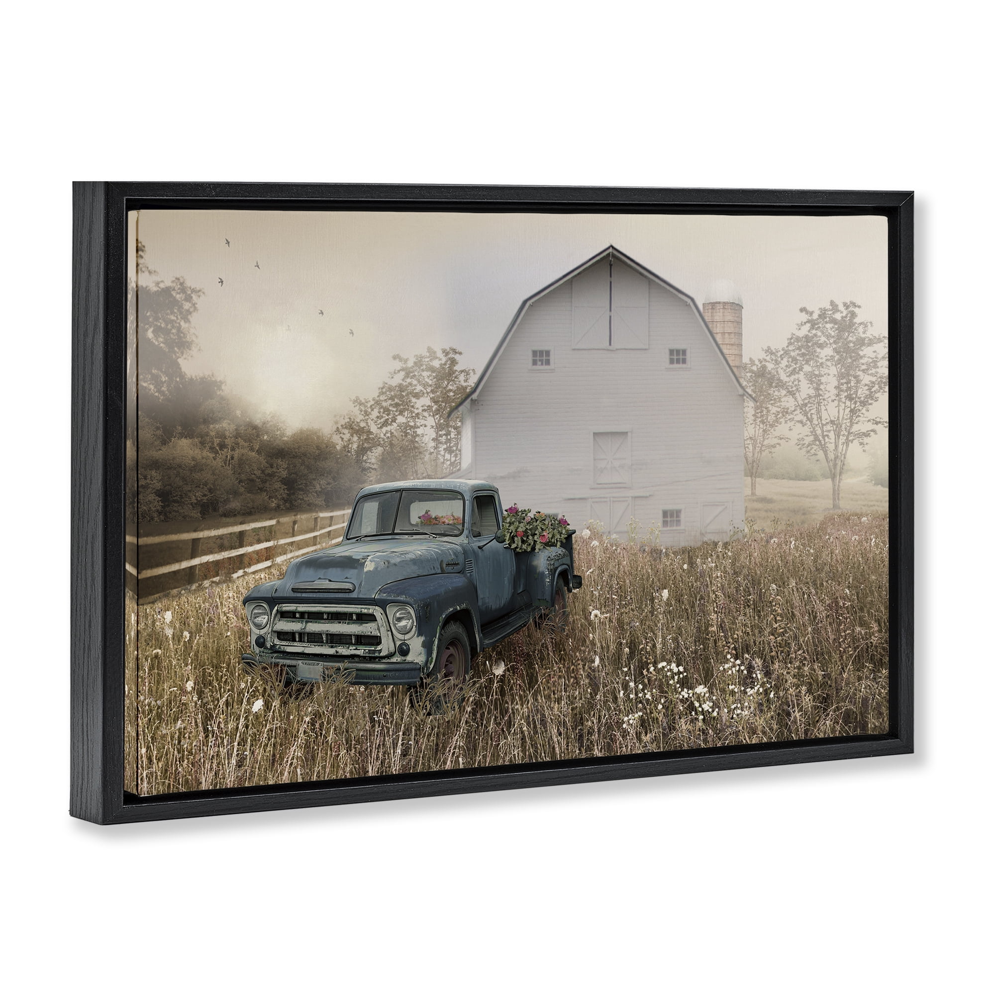 Stupell Industries Vintage Pickup in Wildflowers Black Framed Floater Canvas Wall Art, design by Nan